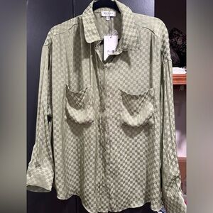 Green silky checkered button down 1X NWT